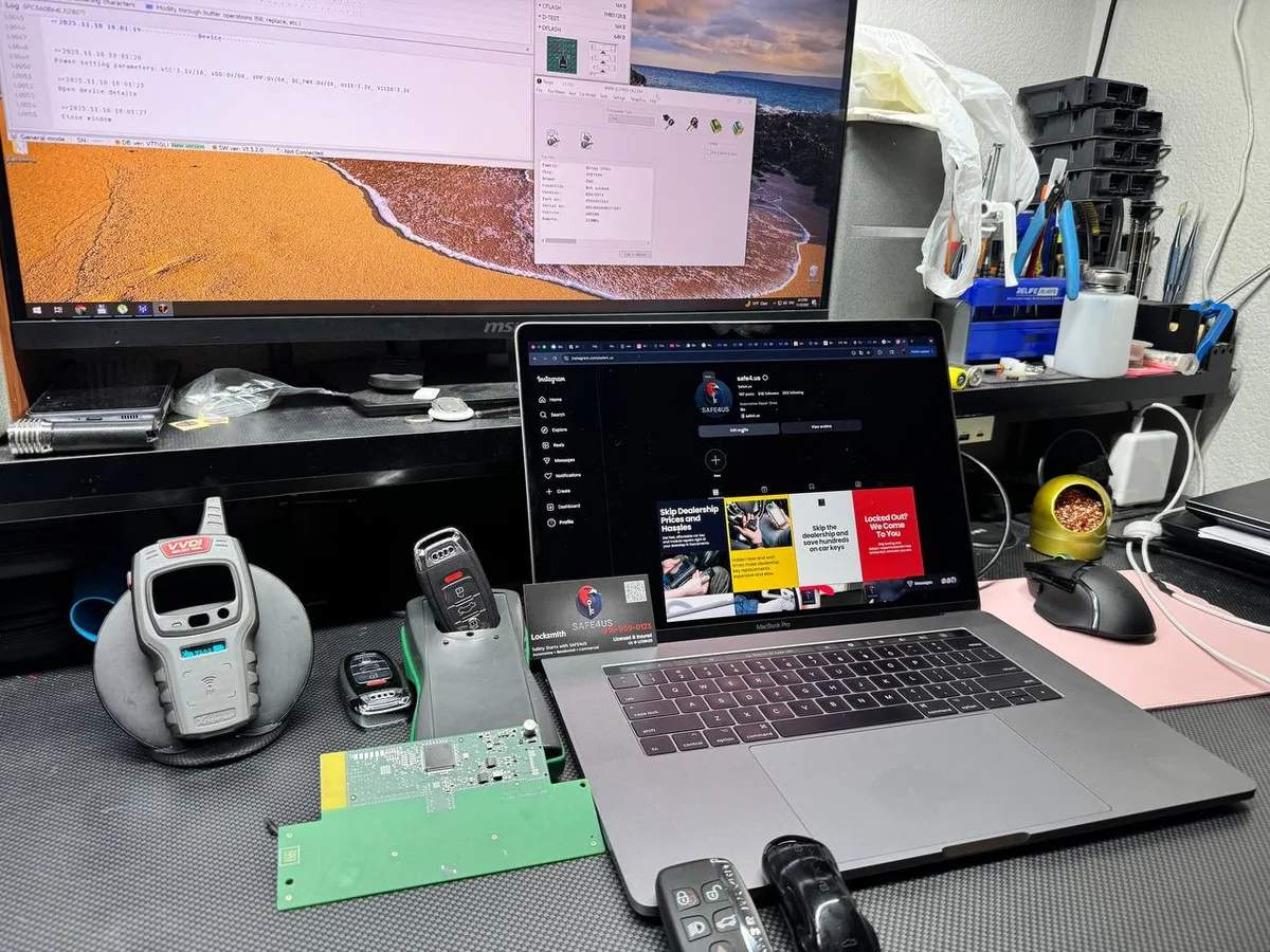 Safe4us workshop bench with diagnostic tools, key fobs, and modules used for European vehicle programming