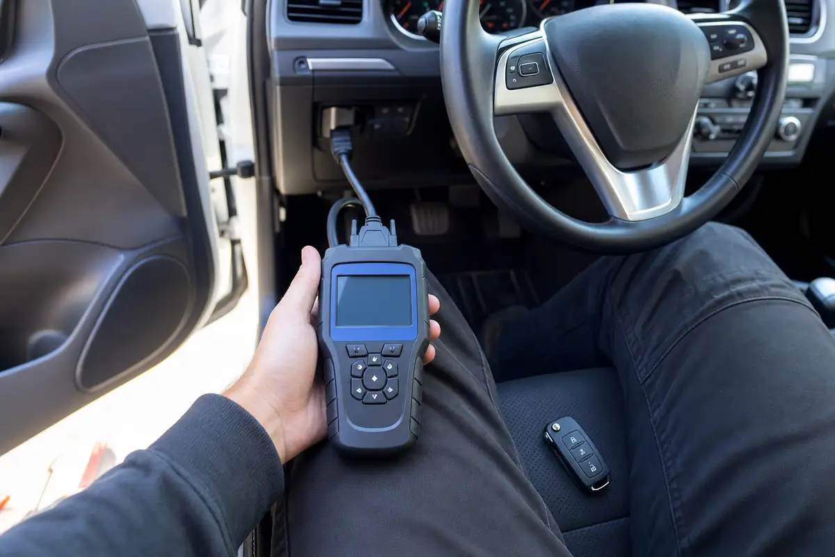 Auto locksmith programming a car key fob with an OBD device in the driver seat